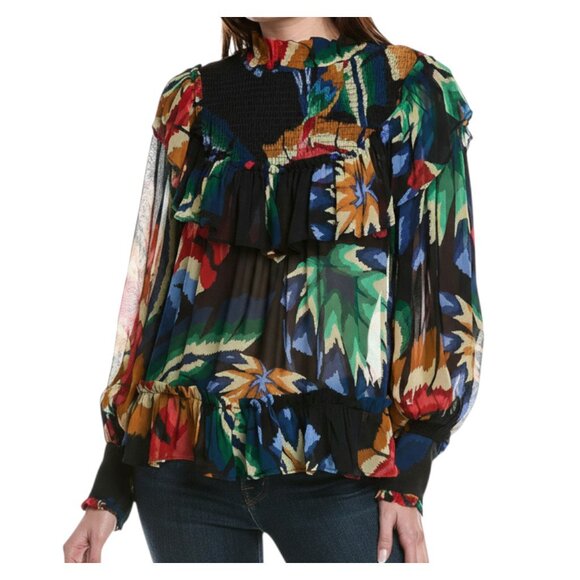 Farm Rio Blouse Black Multi Smocked Ruffle Long Sleeve Size S - Picture 2 of 9